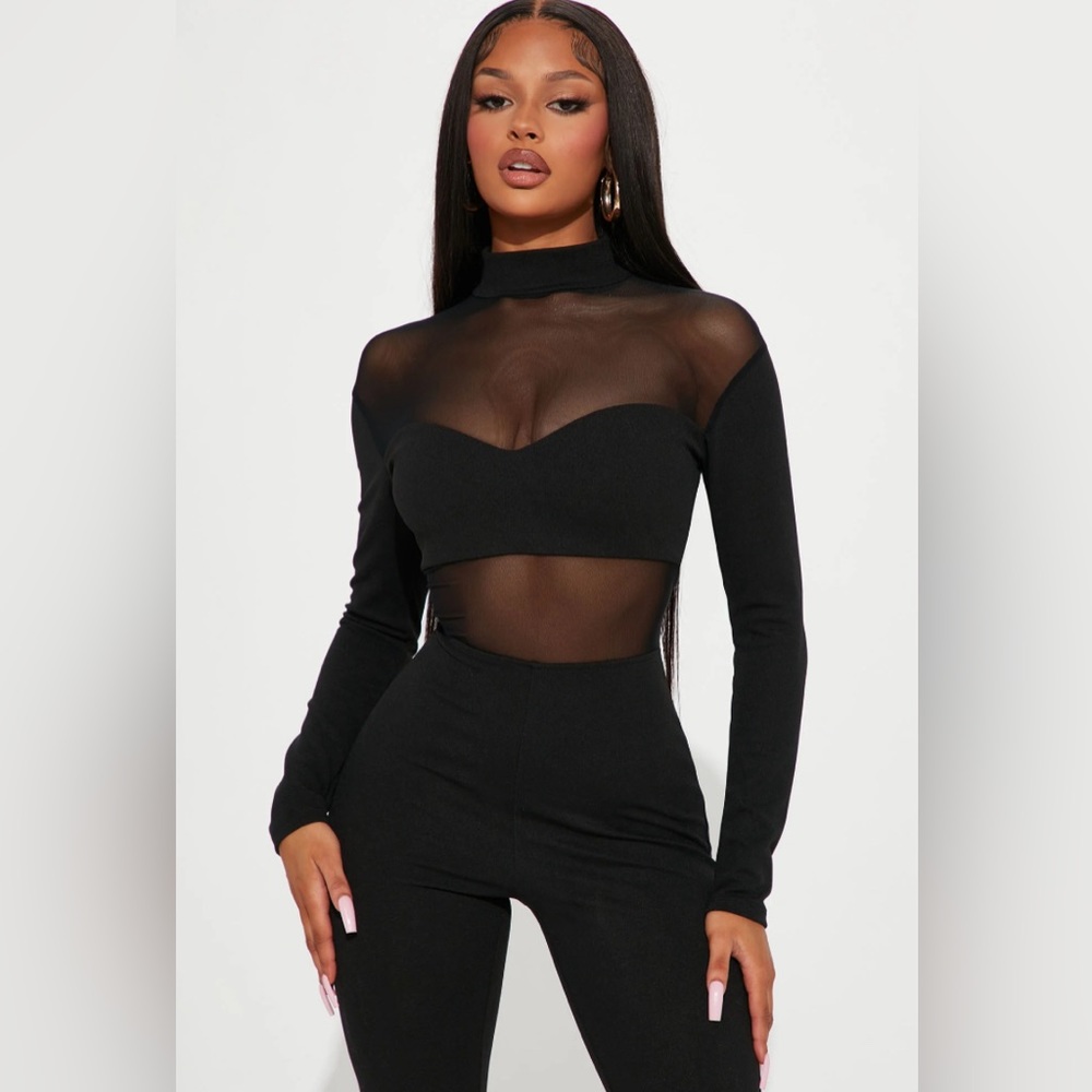 Long Sleeve Mock Neck Mesh Black Bodysuit